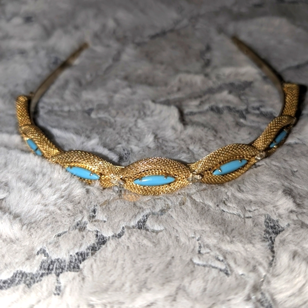 Vintage Diadem Headband Gold Tone Mesh Glass Tourquoise Clear Rhinestones